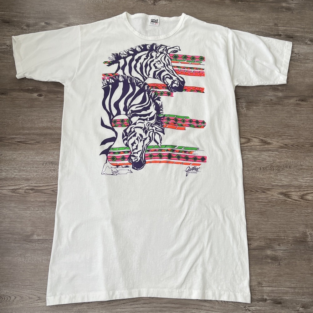 Vintage 90s Zebra Art Print T Shirt One Size Made USA Anvil Animal Graphic Tee